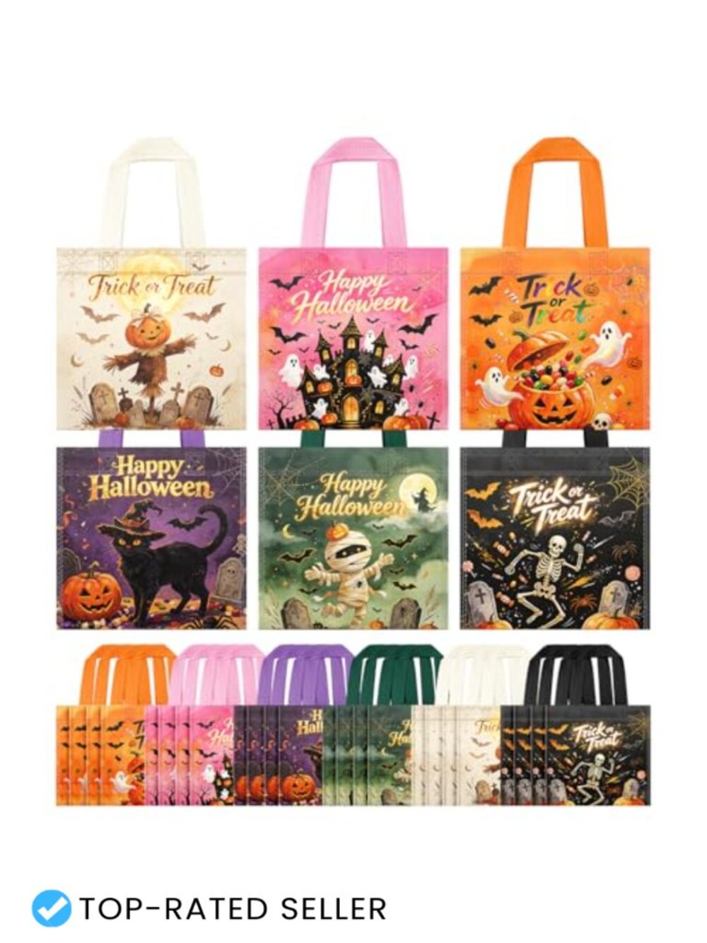 24 Pack Reusable Non-Woven Halloween Treat Tote Bags with Handles for Kids